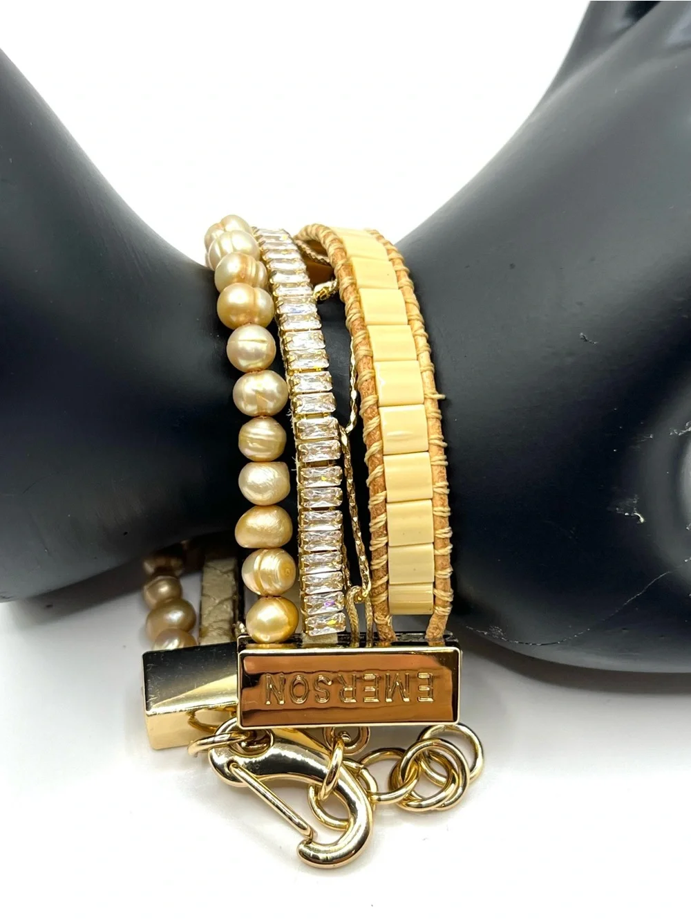 Emerson Gold Multi Strand Pearl Paperclip Rhinestone and Beaded Bracelet Layered